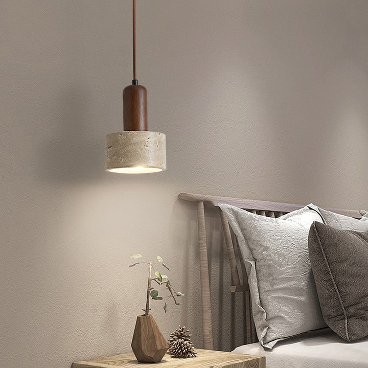 Lustre Suspendu 1 Lumière en Bois Massif Travertin Cylindre Vintage Traditionnel pour Chambre 