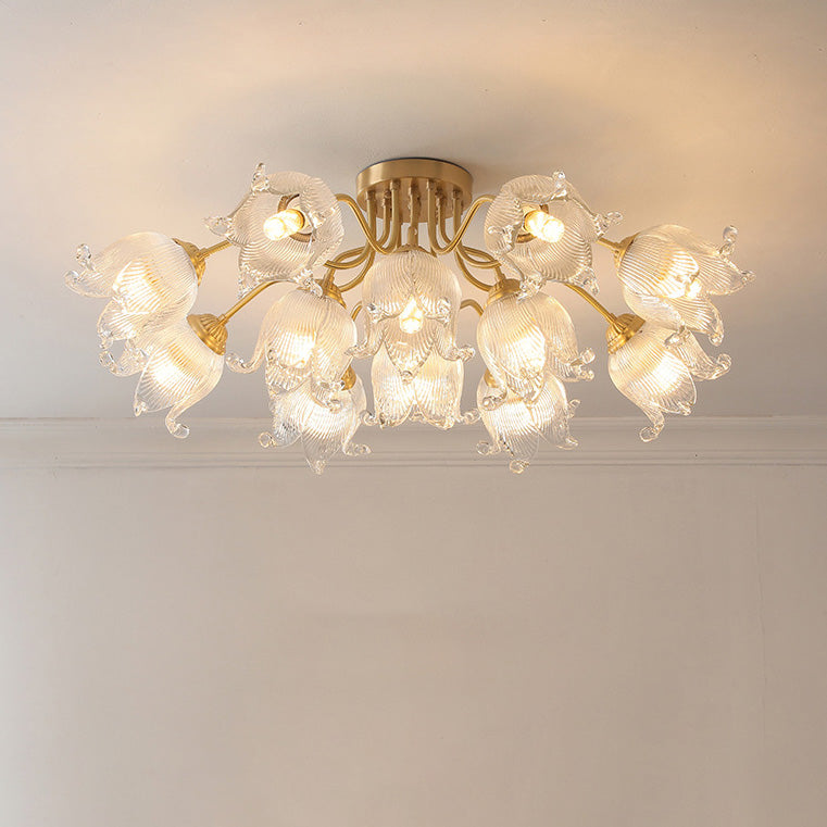 Traditional European Copper Glass Flower 5/12/15 Light Semi-Flush Mount Ceiling Light For Living Room