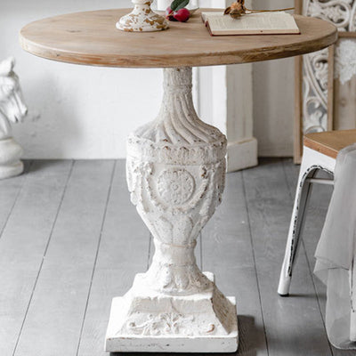 Traditional Vintage Round Column Carved Cedar MDF Magnesium Oxide Coffee Table For Living Room