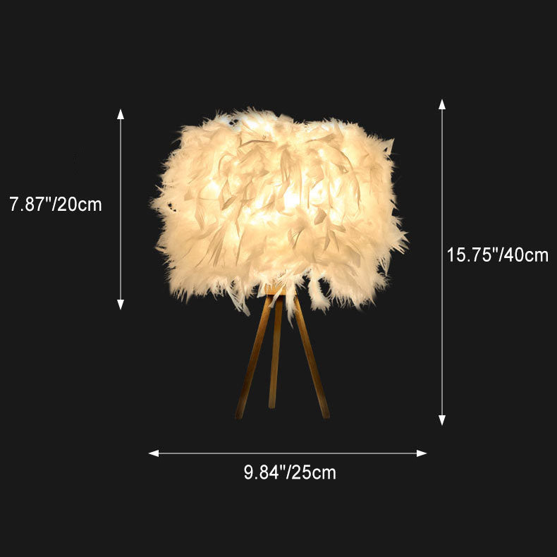 Modern Art Deco Feather Wood Cylinder Triangle Base 1-Light Table Lamp For Bedside
