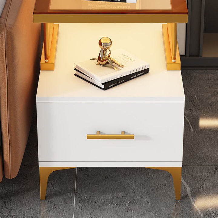 Rechteckiger Beistelltisch im zeitgenössisch-schlichten Design mit Glasplatte, 2-stufigem MDF-Schrank für das Wohnzimmer 