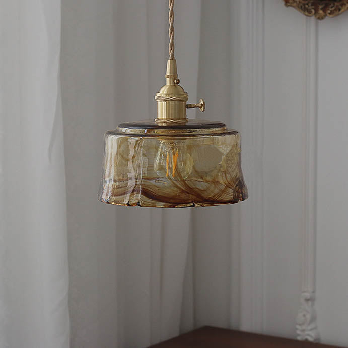 Modern Eclectic Amber Brass Glass Geometric Jar 1-Light Pendant Light For Living Room