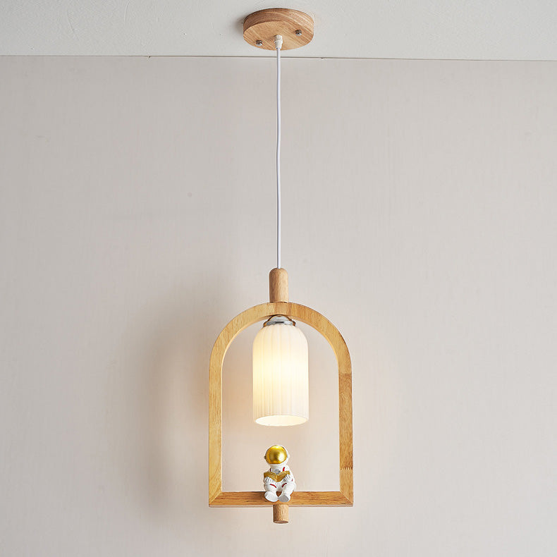 Lustre suspendu contemporain scandinave Cylindre Spaceman en bois et verre à 1 lumière pour salle à manger 