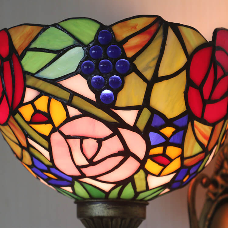 Vintage Tiffany Grape Flower Bowl Stained Glass 1-Light Wall Sconce Lamp