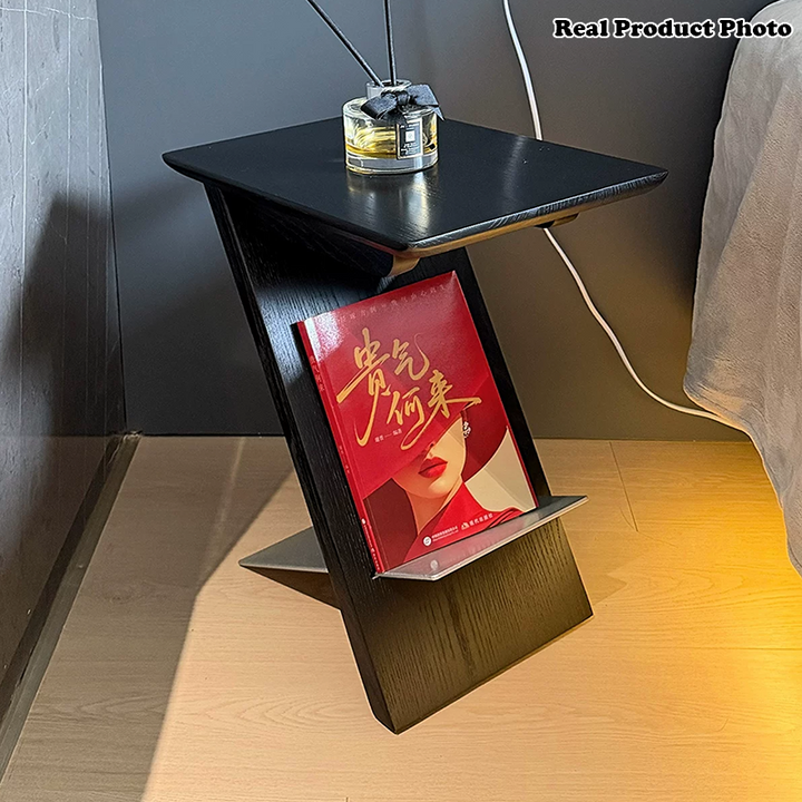 Mesa auxiliar rectangular moderna y minimalista en forma de Z de madera de fresno y metal para sala de estar 