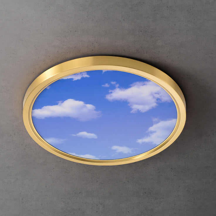 Moderne Einfachheit Vollkupfer Blauer Himmel Wolken Design Runder Acrylschirm LED Deckenleuchte für Wohnzimmer 