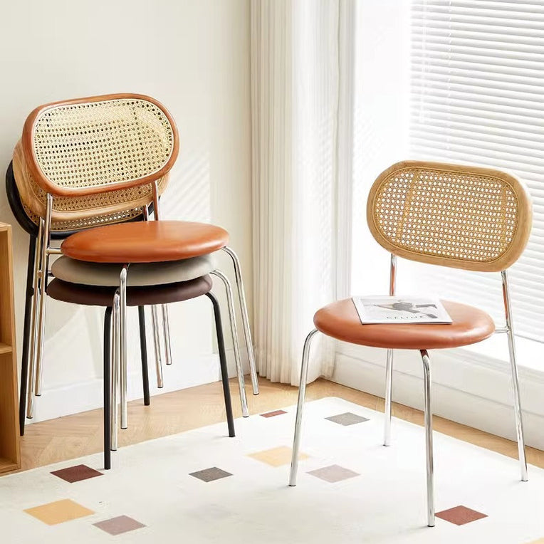 Contemporary Vintage Round Rectangular Rubberwood Plywood Iron Faux Leather PE Rattan Dining Chair Backrest For Dining Room
