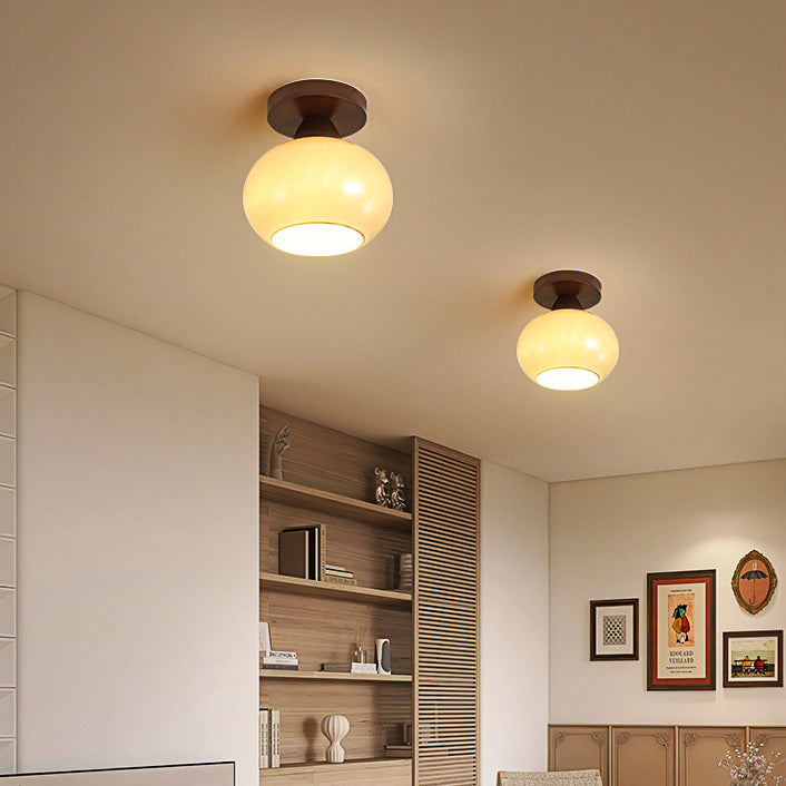 Luz de techo semiempotrada de 1 luz de vidrio y madera minimalista moderna para sala de estar 