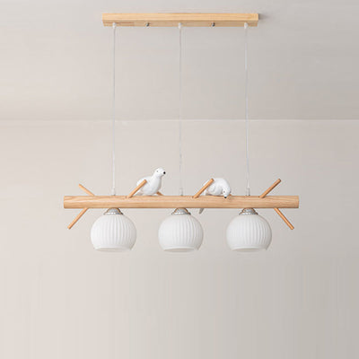 Lámpara de araña de 3 luces con pantalla redonda de vidrio y tiras de madera tradicional japonesa para sala de estar 