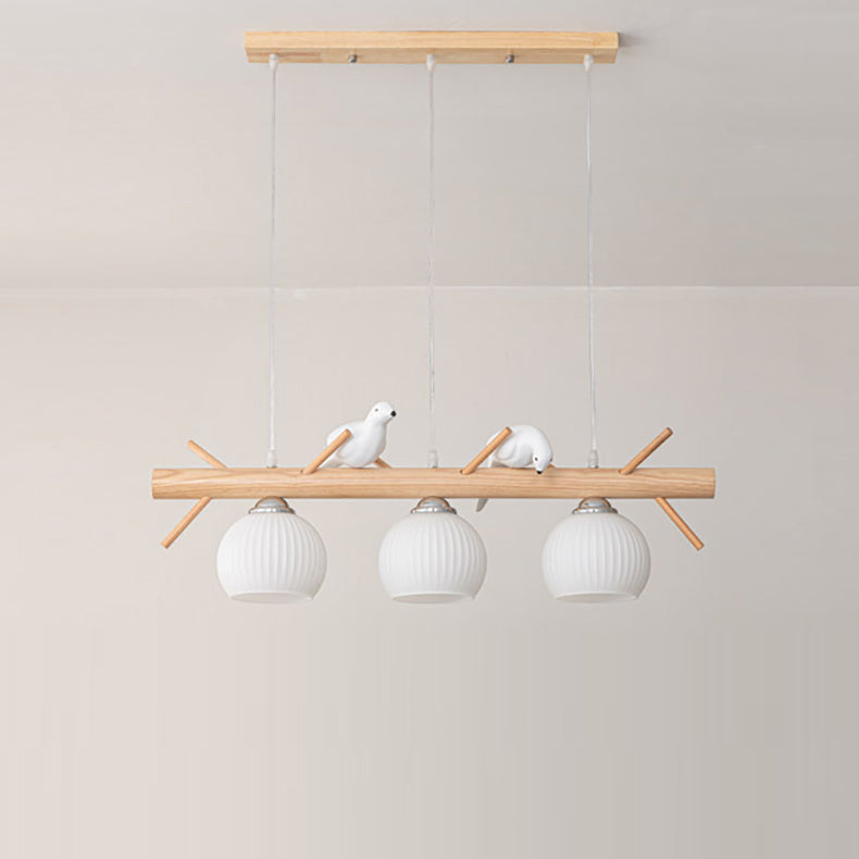 Lámpara de araña de 3 luces con pantalla redonda de vidrio y tiras de madera tradicional japonesa para sala de estar 