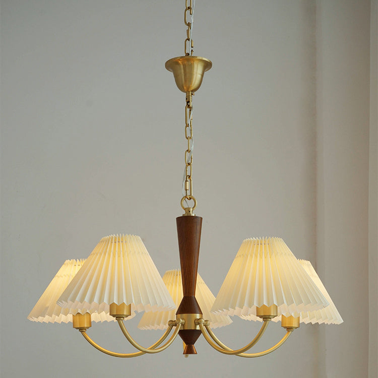 Traditional Vintage Pleated Fabric Shade Wood Brass Frame 3/5-Light Chandelier For Living Room