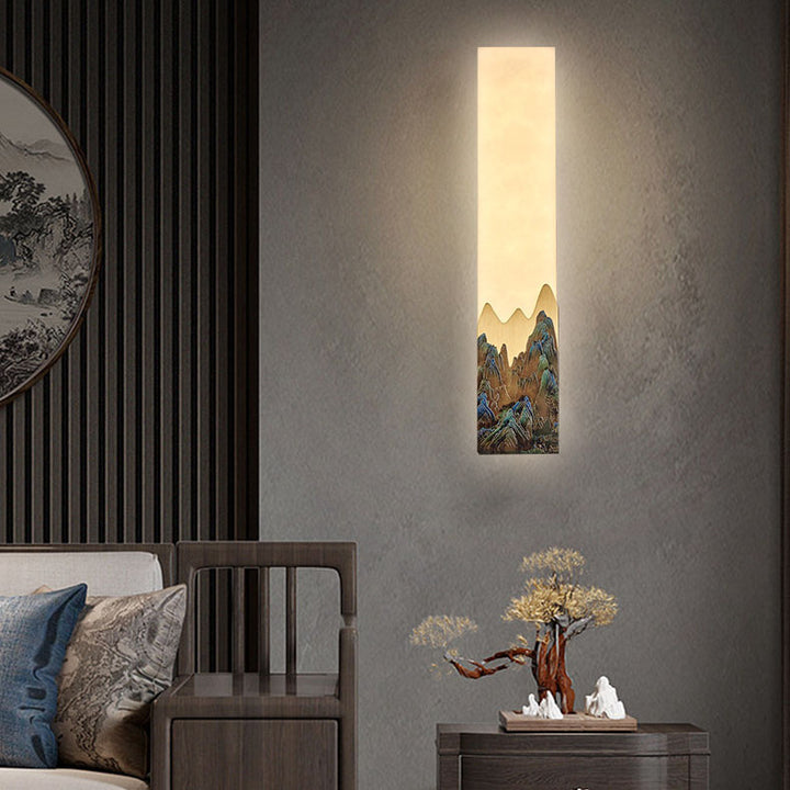 Applique murale LED rectangulaire en marbre chinois traditionnel tout-cuivre pour chambre à coucher 