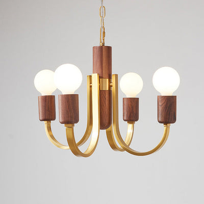 Zeitgenössischer Vintage-Kronleuchter mit gebogener Stange, Zylinder, Kerzenständer-Form, Kupfer, Holz, 3/4/5 Lichter, für Wohnzimmer 