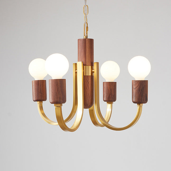 Zeitgenössischer Vintage-Kronleuchter mit gebogener Stange, Zylinder, Kerzenständer-Form, Kupfer, Holz, 3/4/5 Lichter, für Wohnzimmer 