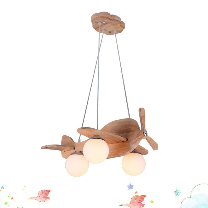 Contemporary Creative Wooden Board Propeller Plane 3-Light Kids Chandelier For Living Room