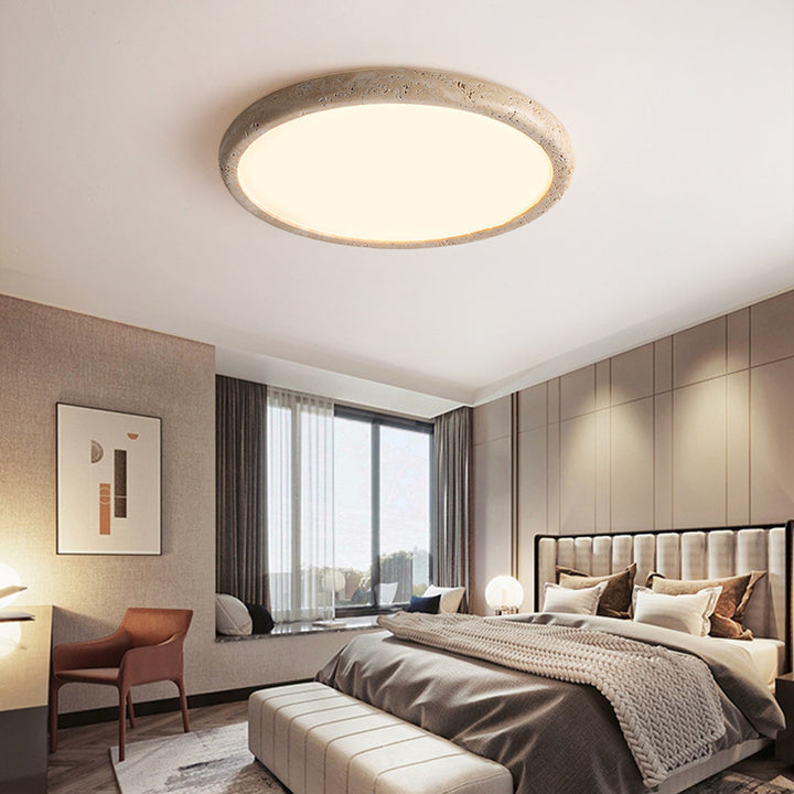Traditional Japanese Round Yellow Travertine Acrylic LED Flush Mount Ceiling Light For Living Room