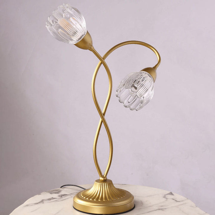 Moderne Art Deco Blumen Eisen Glas 2-Licht Tischlampe für Wohnzimmer 