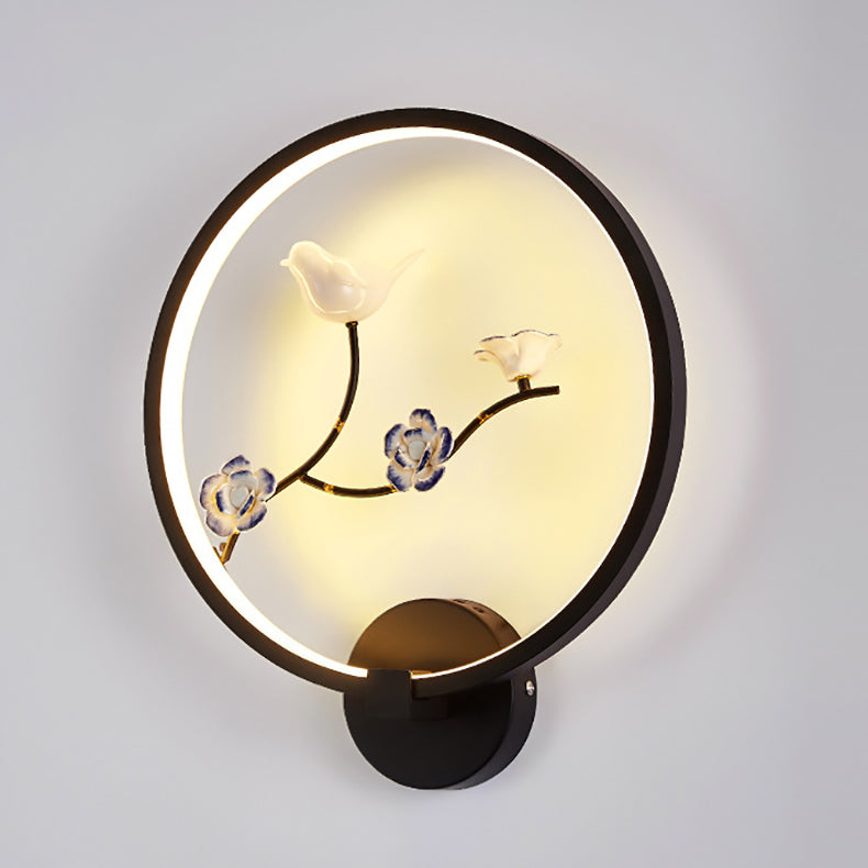 Traditionelle chinesische runde Pflaumenblüte Lotusblatt Aluminium Acryl LED Wandleuchte Lampe für Wohnzimmer 