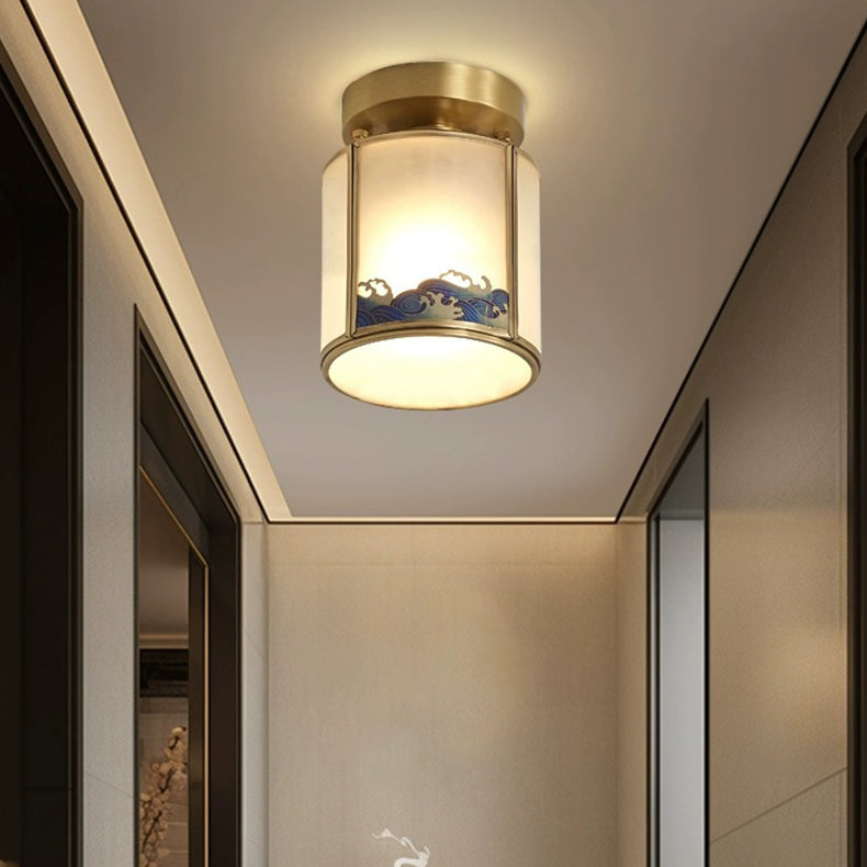 伝統的な中国絵画シリンダー銅はんだ1灯セミフラッシュマウント天井ライト寝室用 