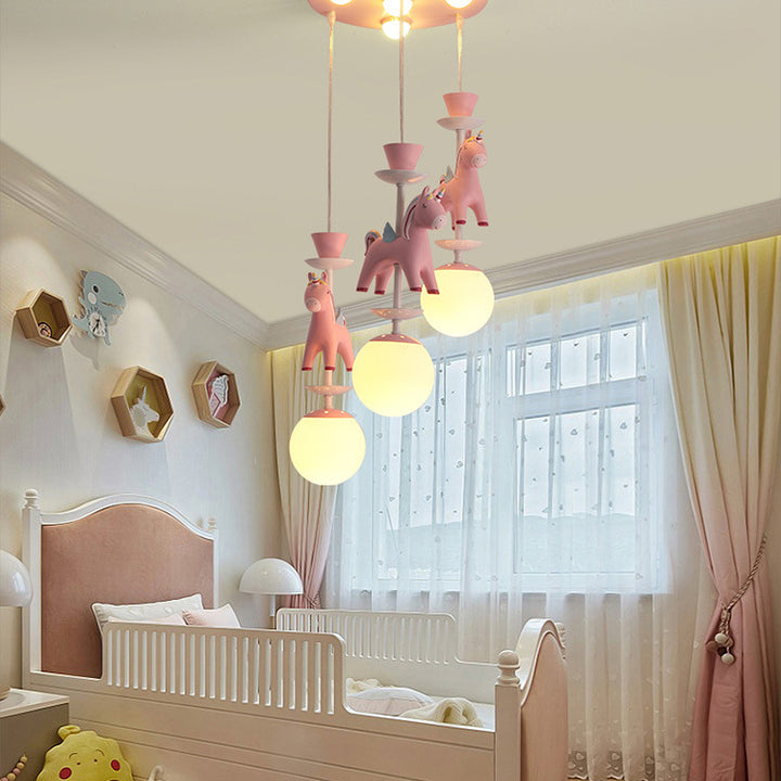Moderno Arte Deco Niños Hierro Resina Vidrio Base Redonda Bola Caballo 1/3/5 Luces Plafón para Techo de Dormitorio 