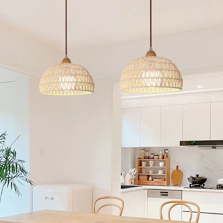 Contemporary Boho Rubberwood Faux Rattan Weaving Dome 1-Light Pendant Light For Dining Room