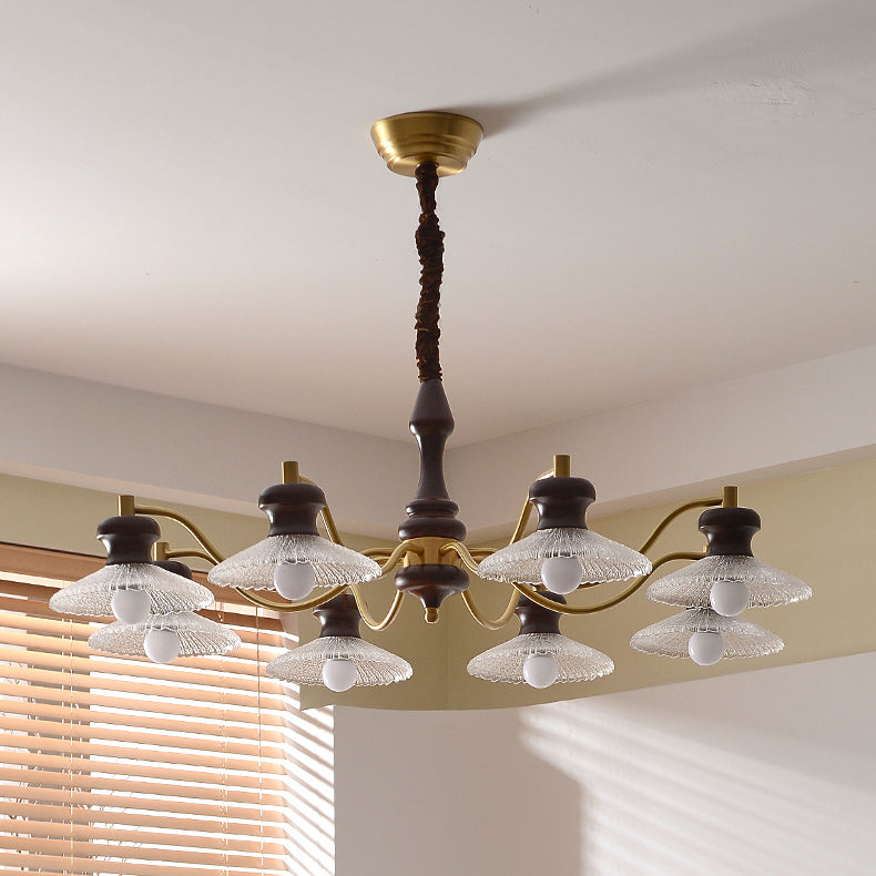 Lustres ronds en laiton vintage traditionnel, fer, bois de frêne, verre, à 3/6/8 lumières pour salle à manger 
