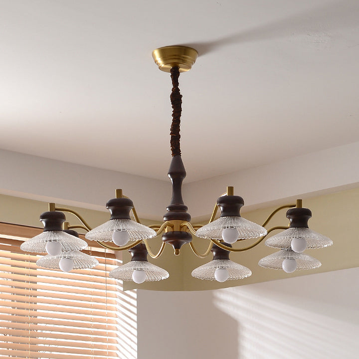 Lustres ronds en laiton vintage traditionnel, fer, bois de frêne, verre, à 3/6/8 lumières pour salle à manger 