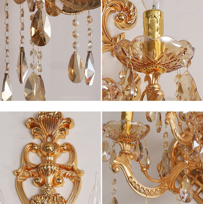 Traditional European Gold Candelabra Glass Crystal Hardware 5-Light Wall Sconce Lamp For Living Room