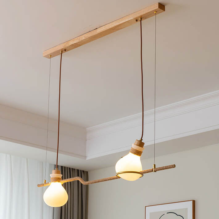 Lámpara de araña de isla de 1/2/3 luces con bola de vidrio de madera tradicional japonesa para sala de estar 