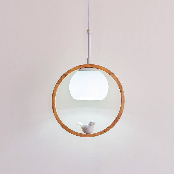Zeitgenössische skandinavische runde Vogel Holz Glas 1-Licht Pendelleuchte für Wohnzimmer 