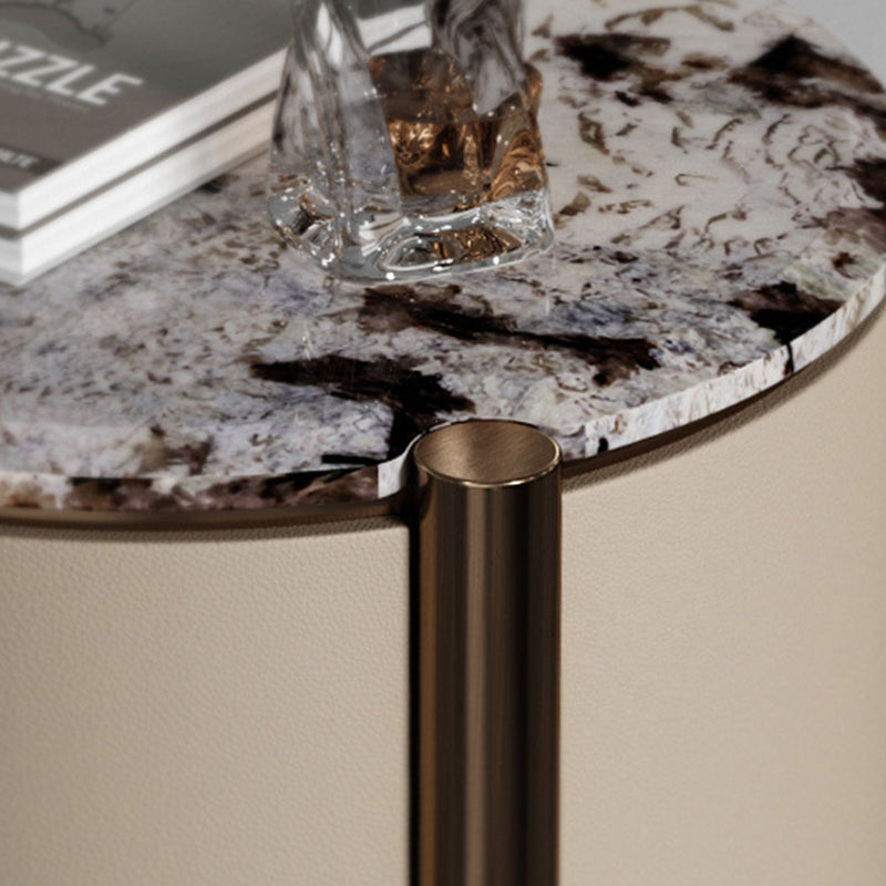 Modern Luxury Round Tabletop Marble Plywood Stainless Steel Microfiber Leather Nightstand 2-Drawer For Bedroom
