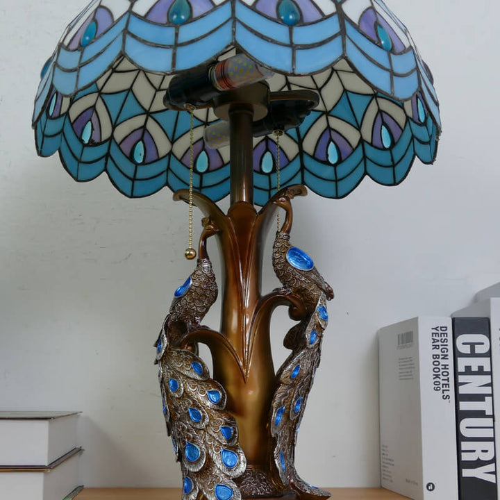 Traditional Tiffany Stained Glass Resin Dome Peacock Base 2-Light Table Lamp For Bedroom