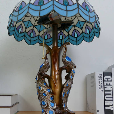 Vintage Tiffany Stained Glass Dome Peacock Base 2-Light Table Lamp