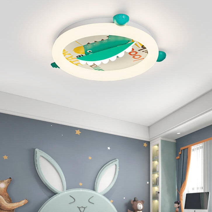 Contemporary Creative Kids Round Dinosaur Iron Acrylic Plastic LED Ceiling Light For Bedroom