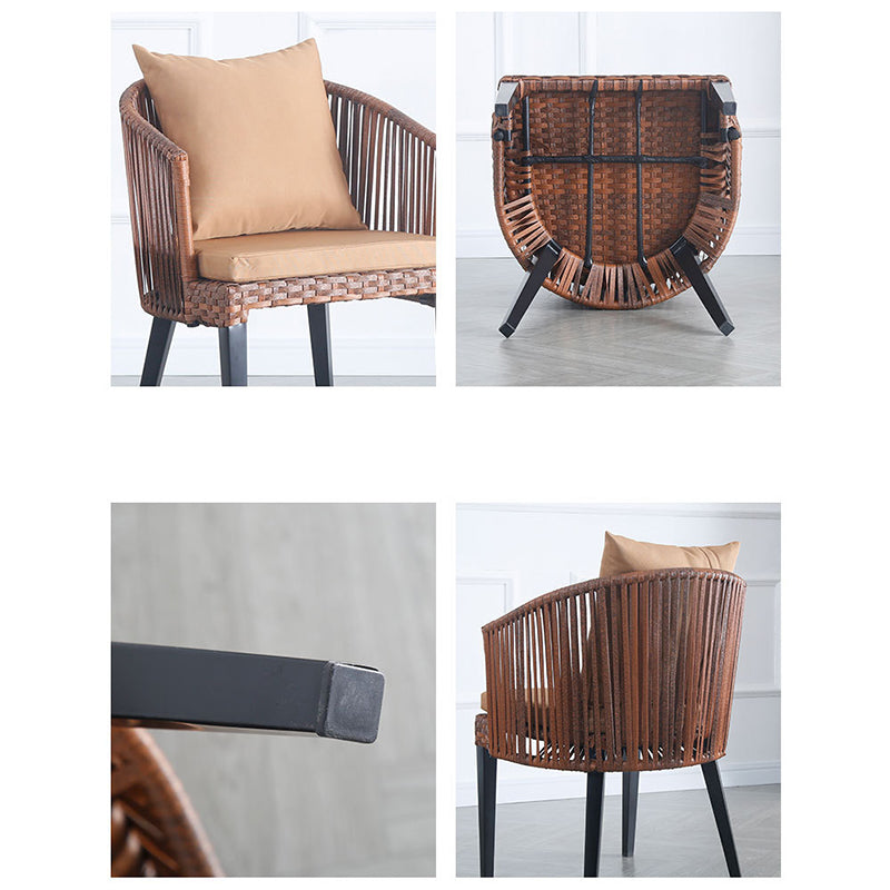 Silla de comedor al aire libre con respaldo y reposabrazos de metal cuadrado de ratán tejido estilo casa de campo tradicional para exteriores 