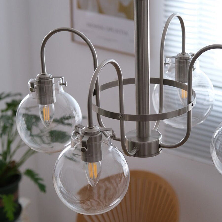 Lámpara de araña moderna de mediados de siglo con pantalla esférica de vidrio y hierro de 4/5/6 luces para sala de estar 