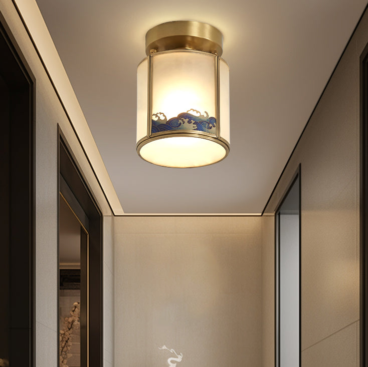 Traditionelle chinesische Messing-Glaszylinder-Deckenleuchte mit 1 Licht, halbbündige Montage für Wohnzimmer 