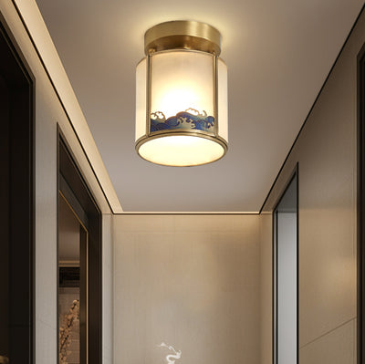 Plafonnier semi-encastré à 1 lumière en laiton et verre de style chinois traditionnel pour salon 