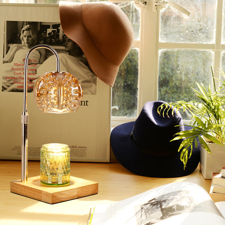 Lámpara de mesa de cera derretida de 1 luz regulable con base cuadrada y bola redonda de madera, hierro y vidrio de simplicidad moderna para mesita de noche 