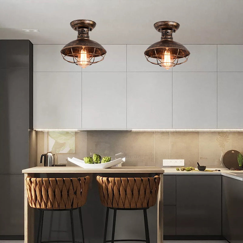 Plafonnier semi-encastré à 1 lumière en forme de couvercle de pot en filet de fer industriel contemporain pour salon 