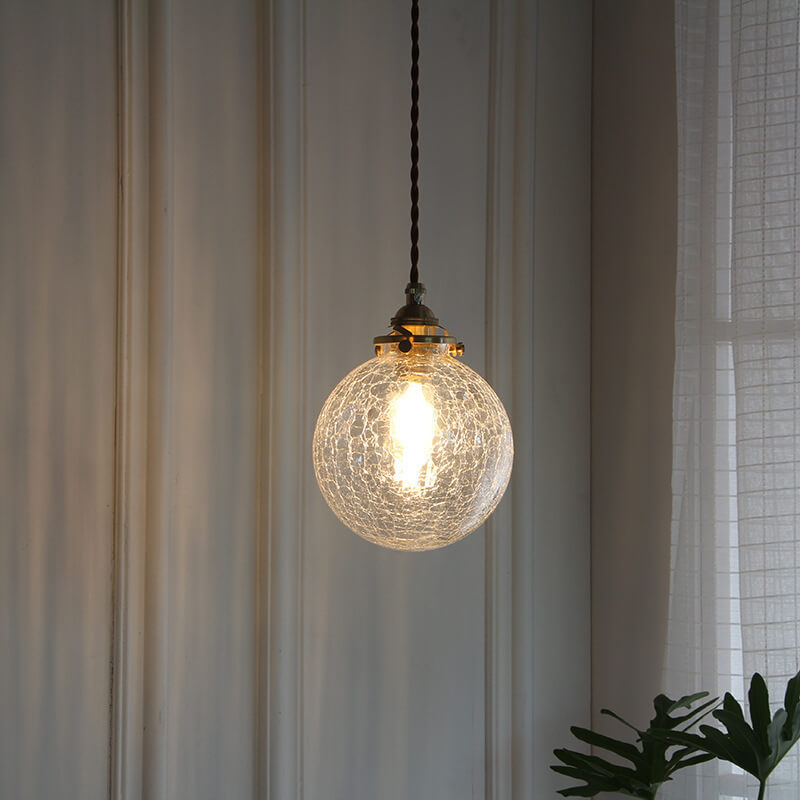 Traditional Vintage Round Crackle Glass Brass Iron 1-Light Pendant Light for Living Room