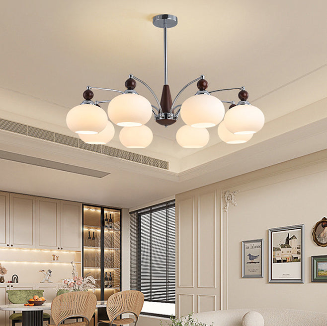 Modern Transitional Glass Round Shade Solid Wood Branch 3/5/6/8 Light Chandelier For Living Room