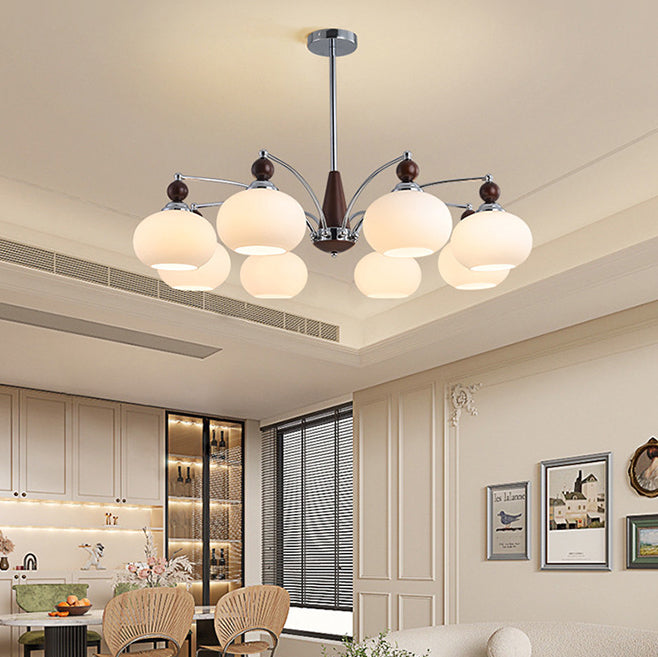 Modern Transitional Glass Round Shade Wood Branch 3/5/6/8 Light Chandelier For Living Room