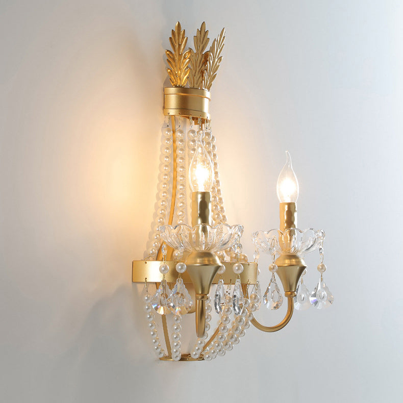 Lámpara de Aplique de Pared de 2 Luces de Cristal de Perlas y Hierro con Flecos en Media Luna de Lujo Moderno para Dormitorio 