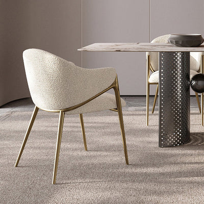 Silla de comedor contemporánea de lujo redonda de lana de cordero con patas de acero inoxidable, respaldo y reposabrazos para comedor 