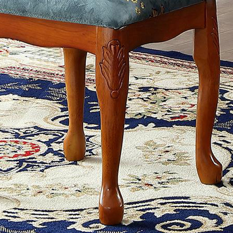Traditional European Square Fabric Upholstered Rubberwood Carved Frame Vanity Stool For Bedroom