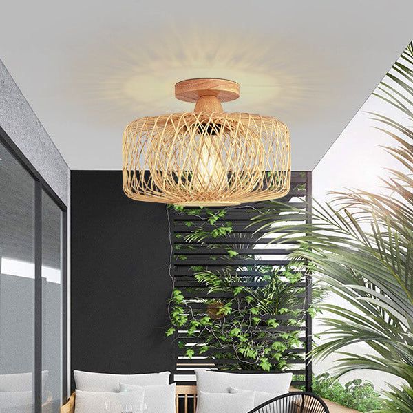Moderne Küsten-Deckenleuchte mit rundem Holz- und Bambusmuster, 1 Licht, halbbündige Montage, für Wohnzimmer 