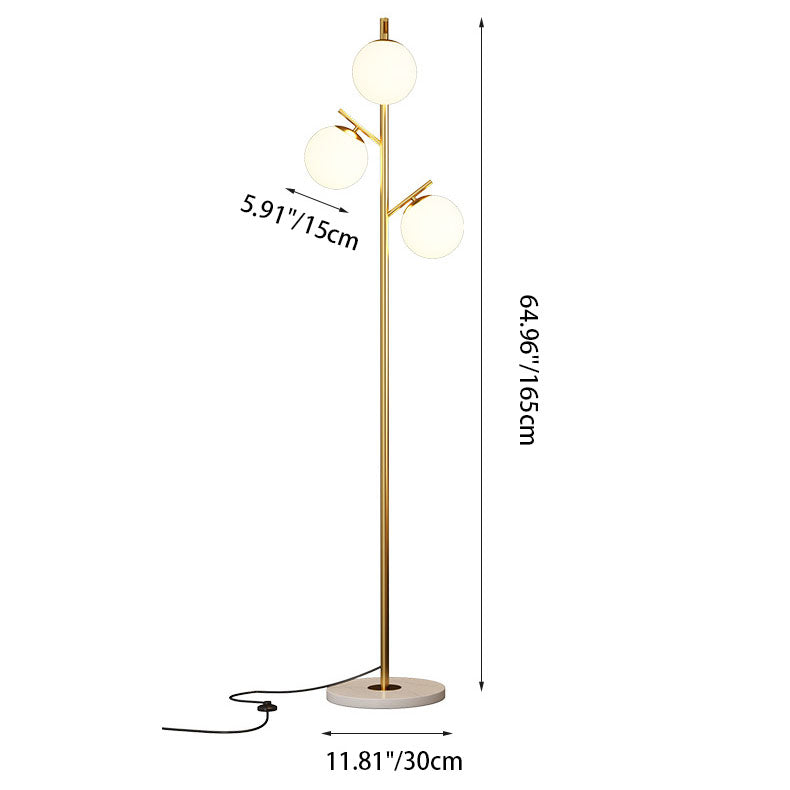 Contemporary Scandinavian Orb Pillar Metal Marble Glass 3-Light Standing Floor Lamp For Living Room