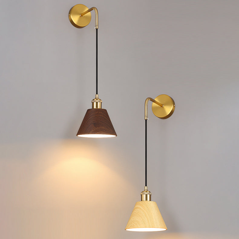 Lámpara de aplique de pared de 1 luz, cilindro de mesa redonda minimalista moderna, hierro, vetas de madera de nogal, para dormitorio 