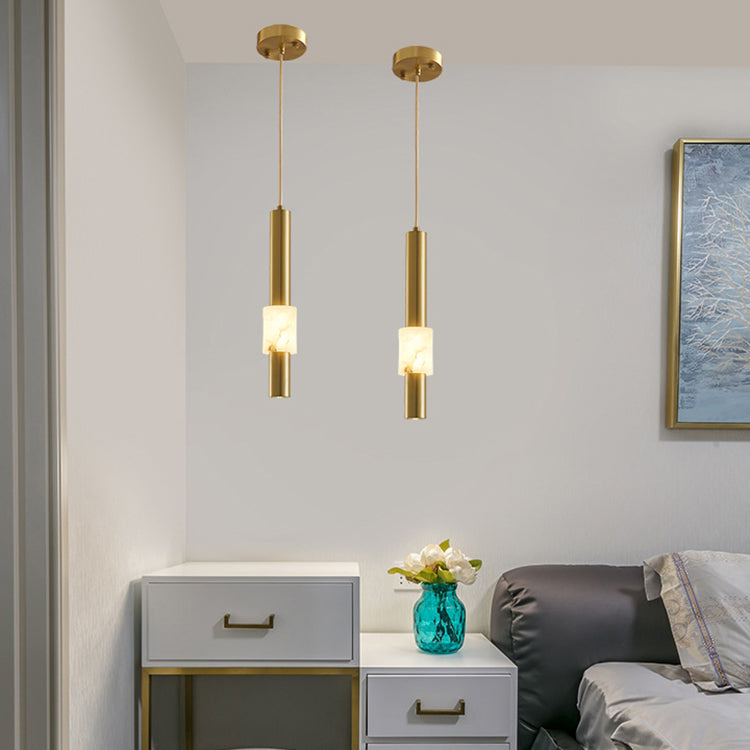 Lustre LED contemporain de luxe en cuivre à bande longue avec abat-jour en marbre pour salon 